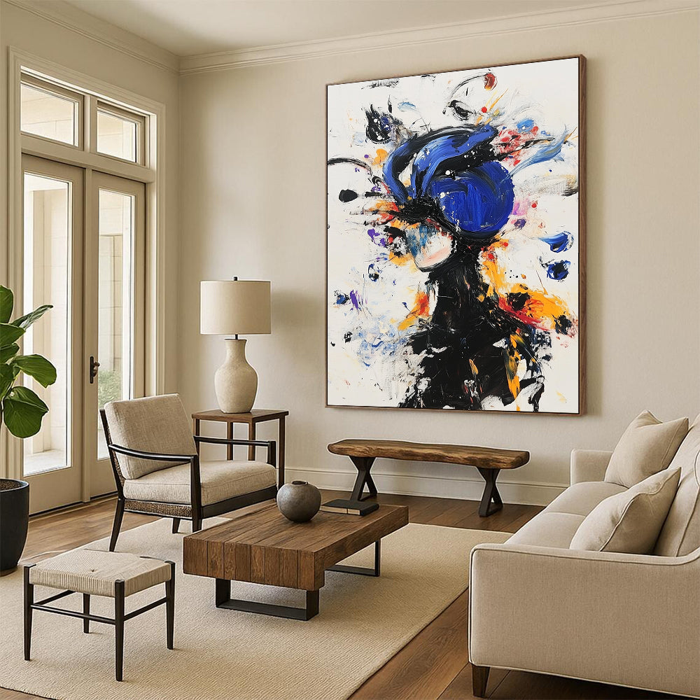 Large abstract painting featuring an anime character in a blue helmet and black outfit surrounded by colorful floating objects and expressive movements.STSC636