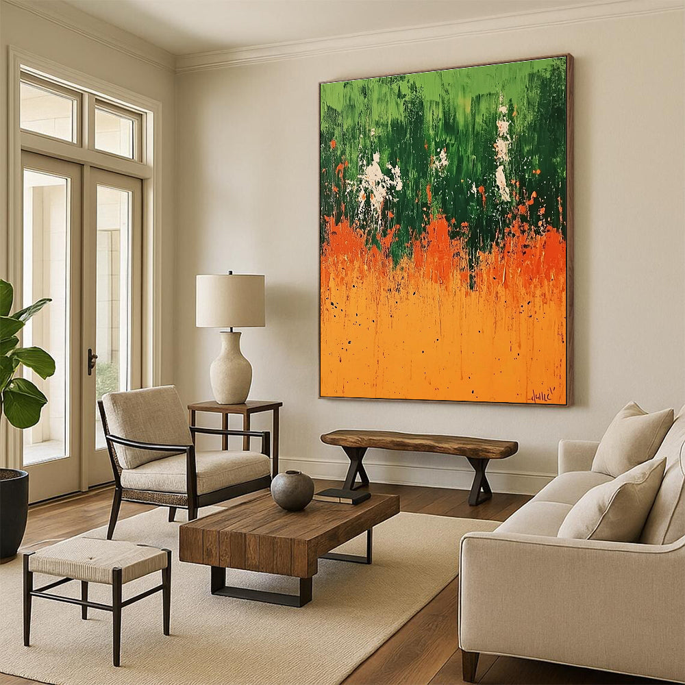 Green Orange Abstract Painting with Dripping Effects GER491