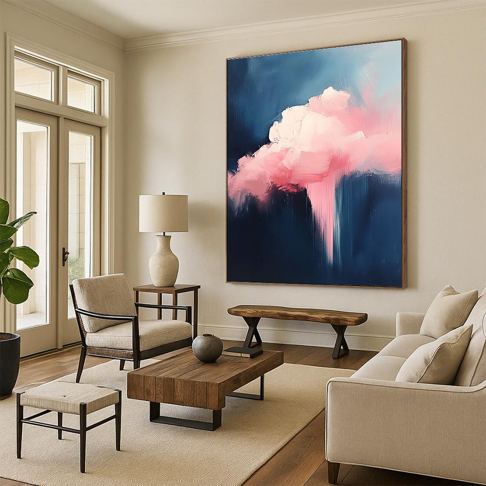 Large abstract painting featuring a pink cloud against a minimalist dark blue background with bold brush strokes.STSC671