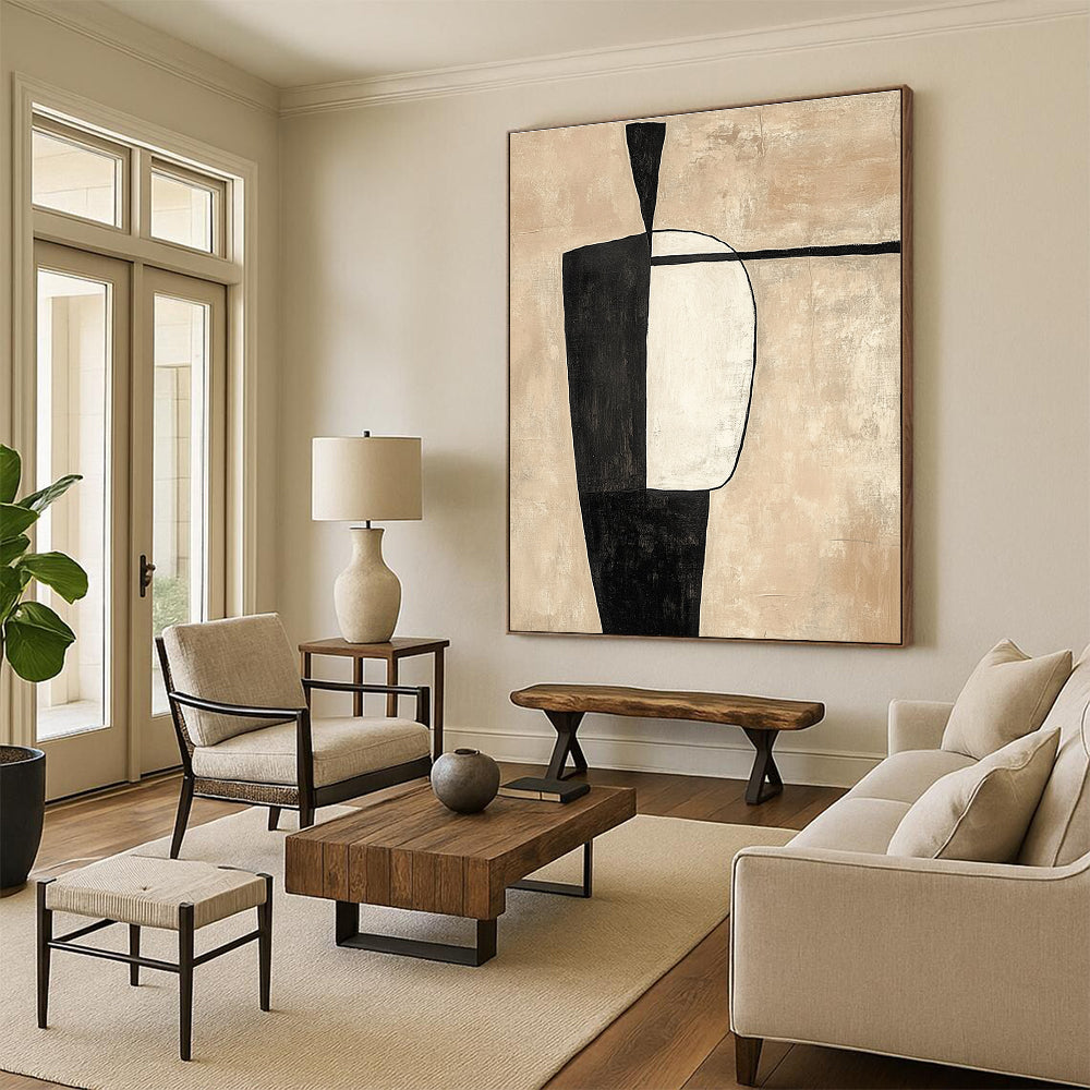 Beige and Black Abstract Painting with Minimalist Shapes GER142