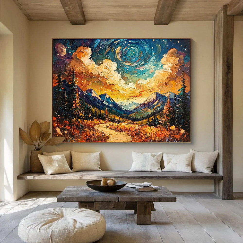 A large abstract painting capturing the Alaskan wilderness under a vibrant sky with textured brush strokes and a winding path leading through stunning colors.SC564