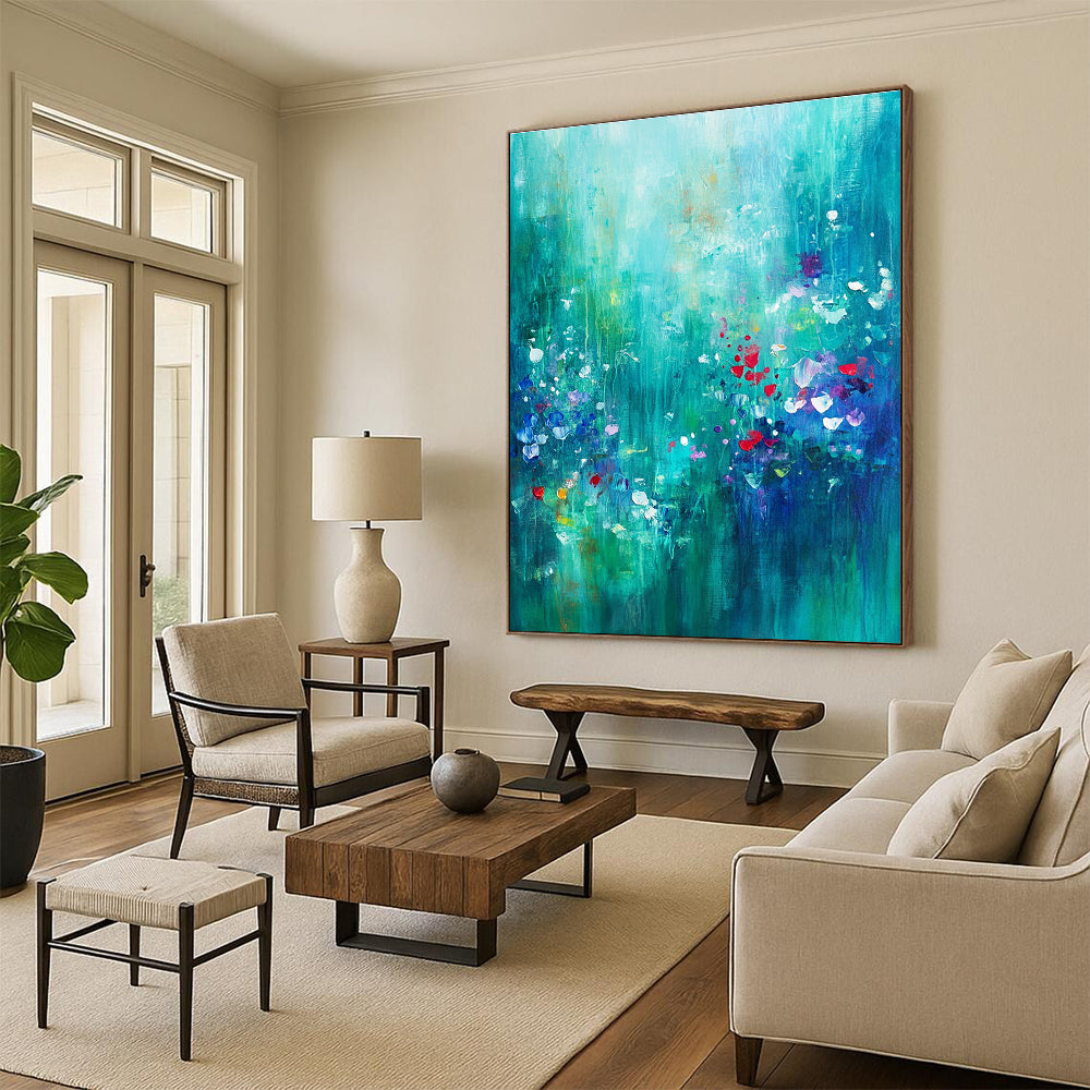Large abstract painting of an underwater garden in teal and emerald with hints of red and purple evoking serenity and creativity.STSC1021
