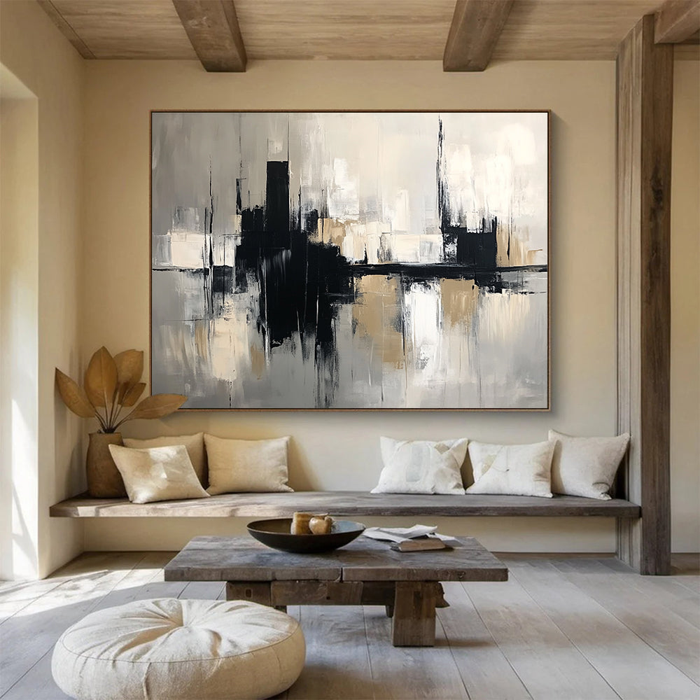 Large abstract painting in black and beige tones featuring bold brush strokes, set against a grey cityscape background, crafted in oil on canvas.SC017