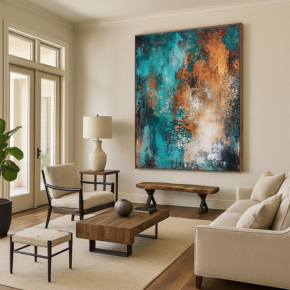Teal and Orange Textured Abstract Painting with Dynamic Brushstrokes GER208