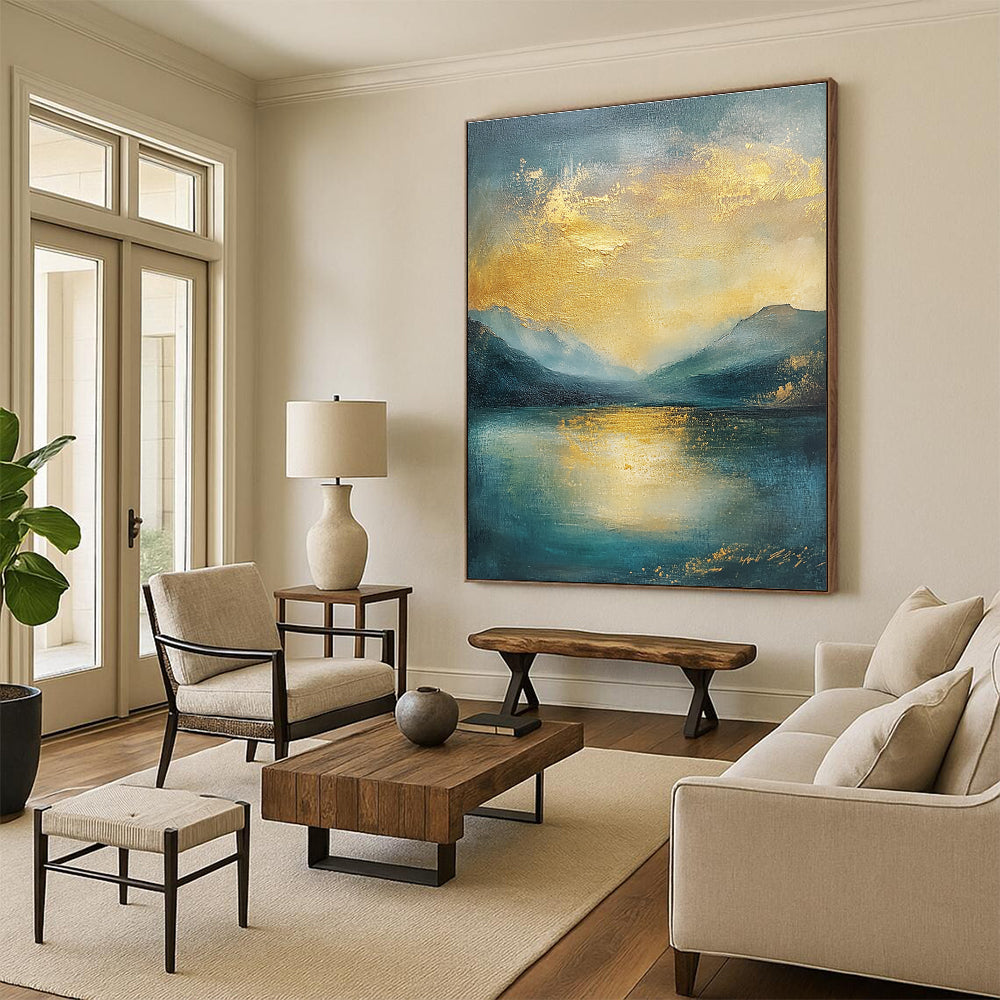 Abstract landscape oil painting featuring gold and teal hues with textured clouds sea and mountains in muted colors.STSC081