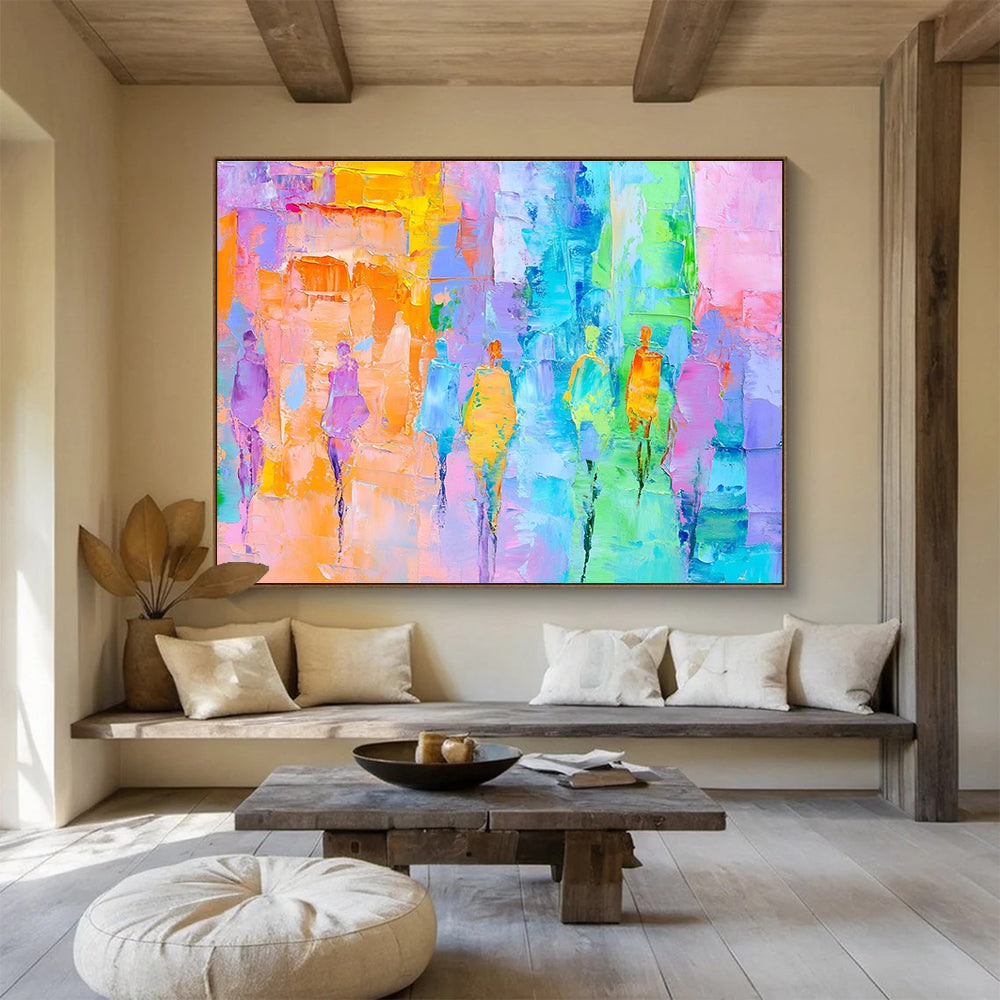 Large abstract painting of a parade featuring pastel colors and expressive brushstrokes in light blue pink green yellow and orangeSC177