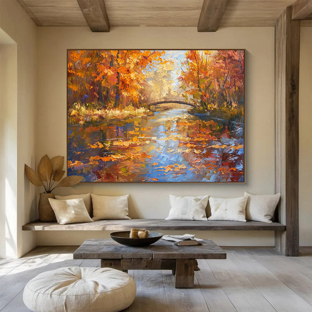 Autumn Forest River Abstract Painting with Orange, Yellow, and Blue Tones THY196