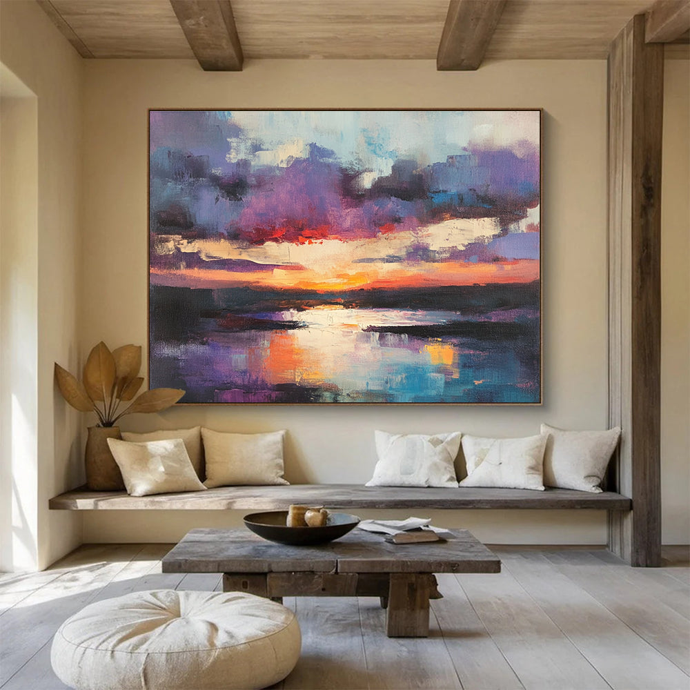 Purple and Orange Sunset Lake Abstract Seascape Painting DYP293