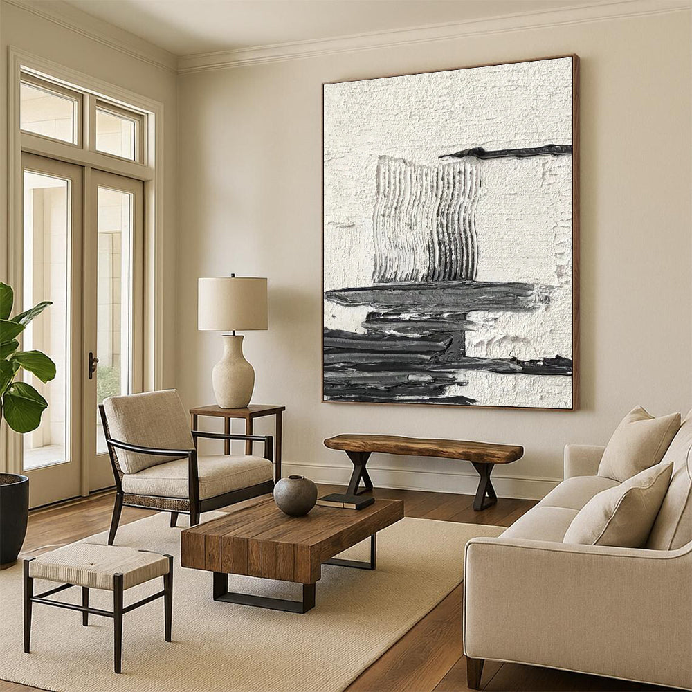 Black and White Layered Textured Abstract Painting ADGE388