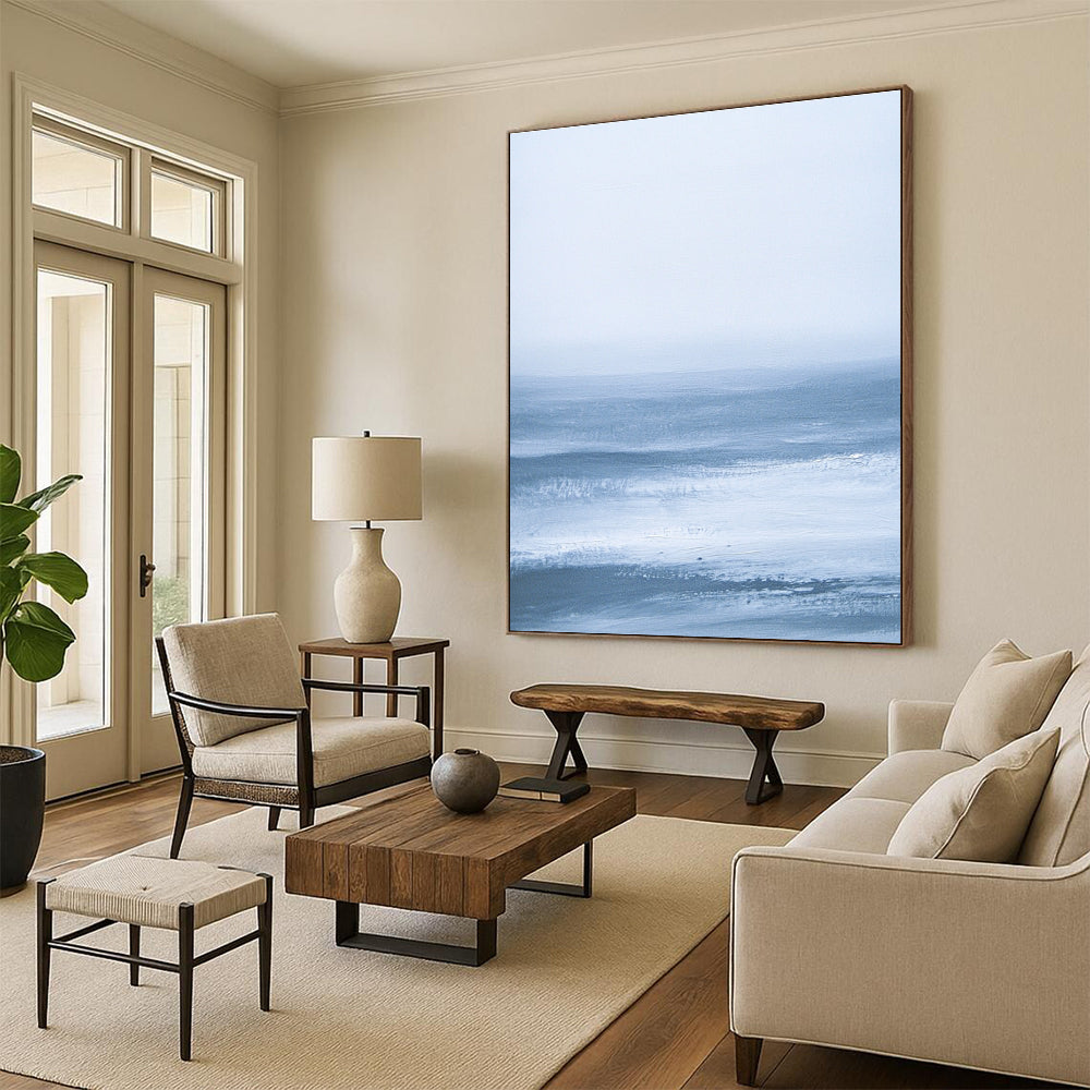 Large abstract painting featuring blue-gray sea minimalism inspired by James Tissot and J.M.W. Turner for a serene and elegant atmosphere.STSC028