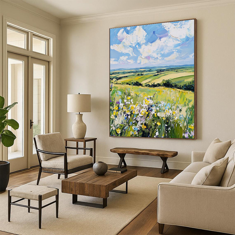Large abstract painting showcasing a serene English countryside with wildflowers and rolling hills in vibrant colors capturing nature's tranquility.STSC1432