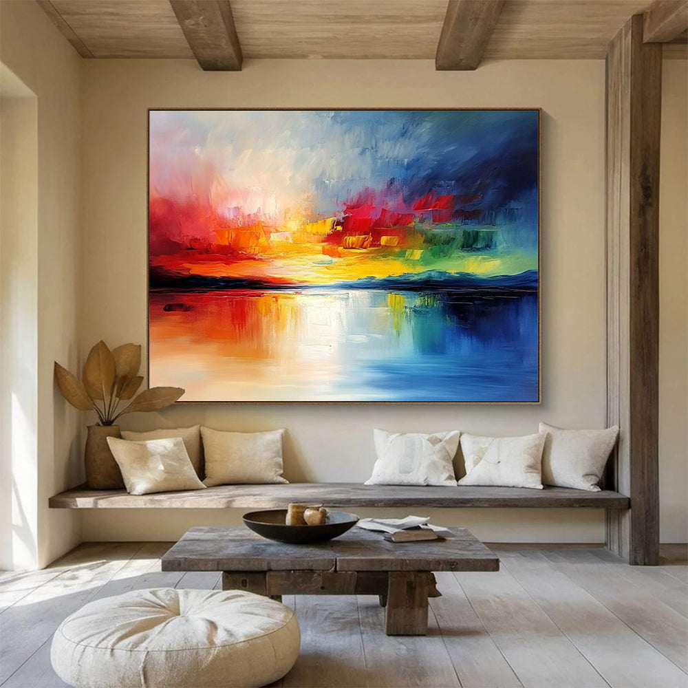 Large abstract painting featuring vibrant clouds and reflective water in rich colors creating a stunning visual impact through heavy texture and bold brushstrokes.SC076