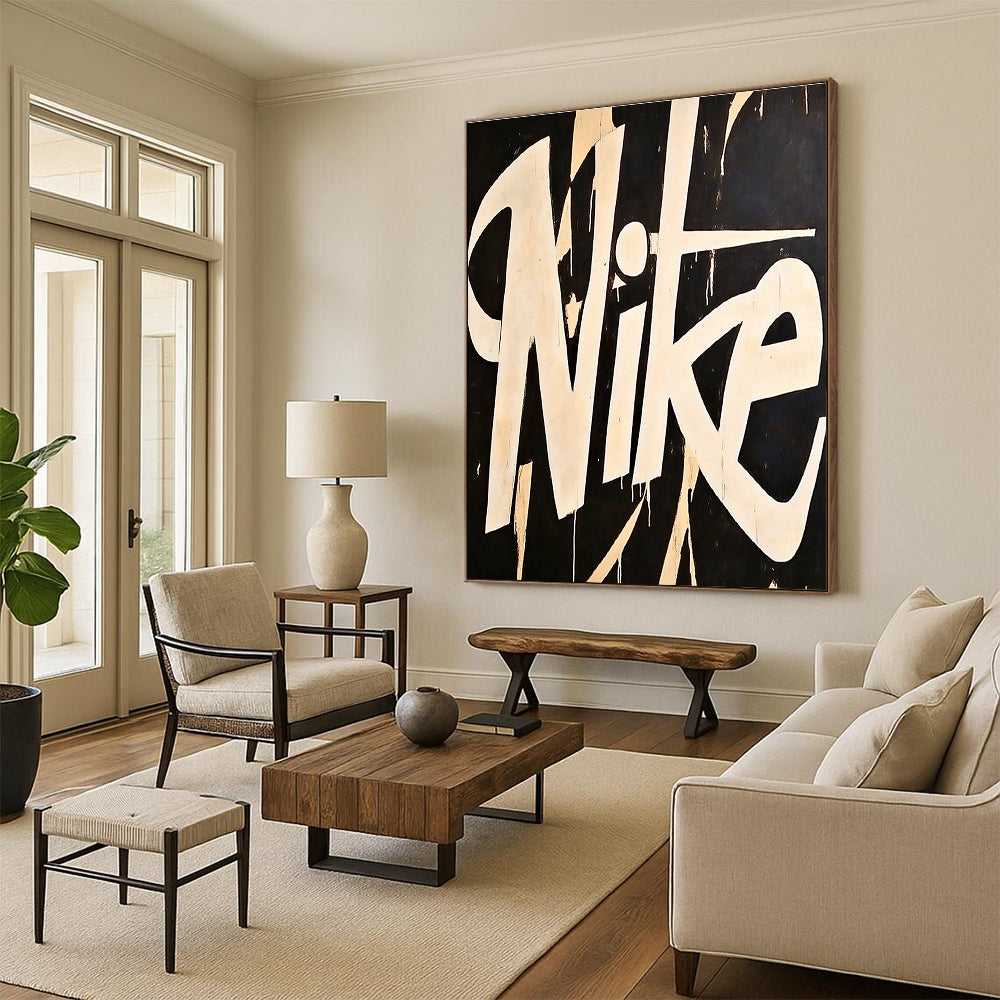 A large abstract painting featuring the word Nike in white on a black background inspired by Matisse and Sciotti with minimalist design.STSC1139