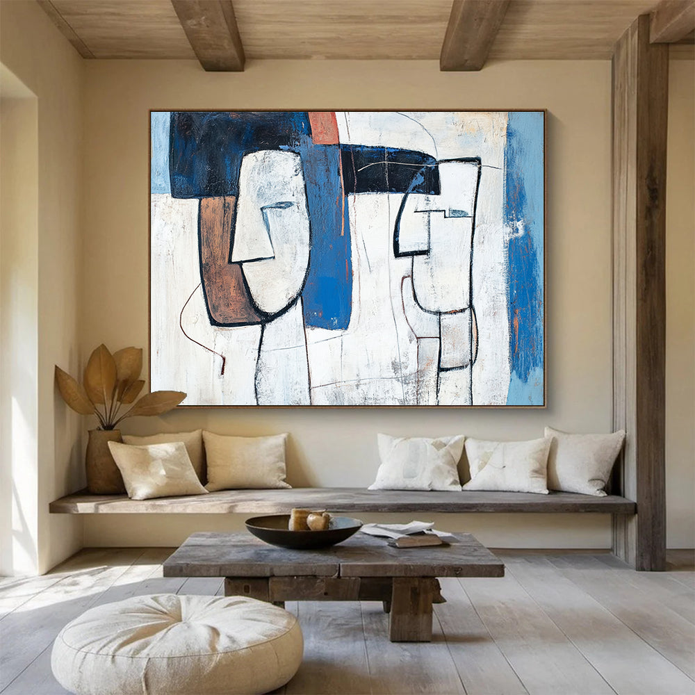 Large abstract painting featuring blue and white figures with brown accents thick lines and simple composition inspired by Picasso's style.SC189