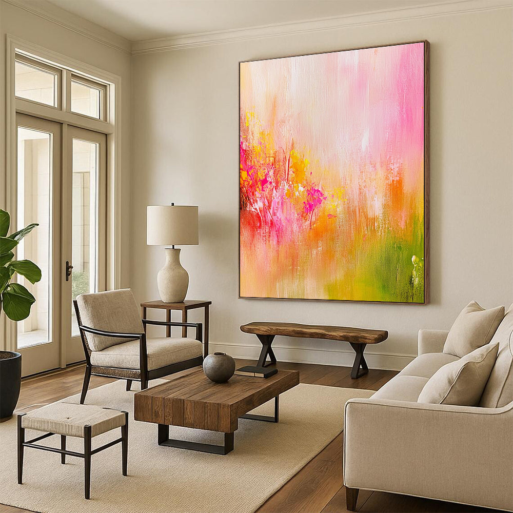 Large abstract painting in soft pink and yellow tones with delicate brushstrokes and a vibrant background evoking a romantic dreamy atmosphere.STSC489