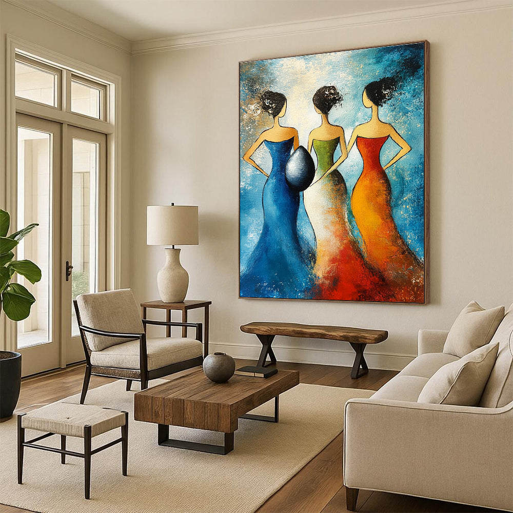 Abstract painting featuring three women in evening dresses holding a giant egg against a blue background with simple lines and minimal colors.STSC1444