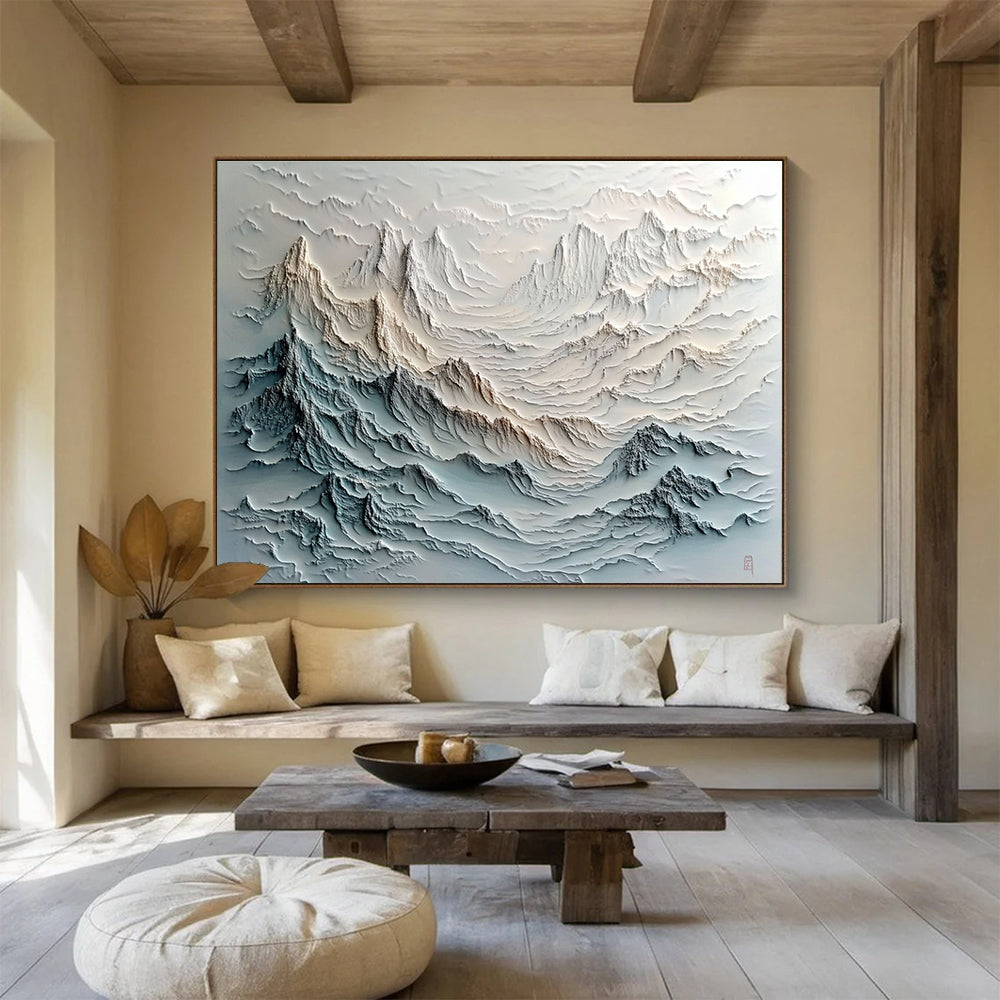 Layered Mountain Range Relief Abstract Painting with Gray and Beige Textures DYP620