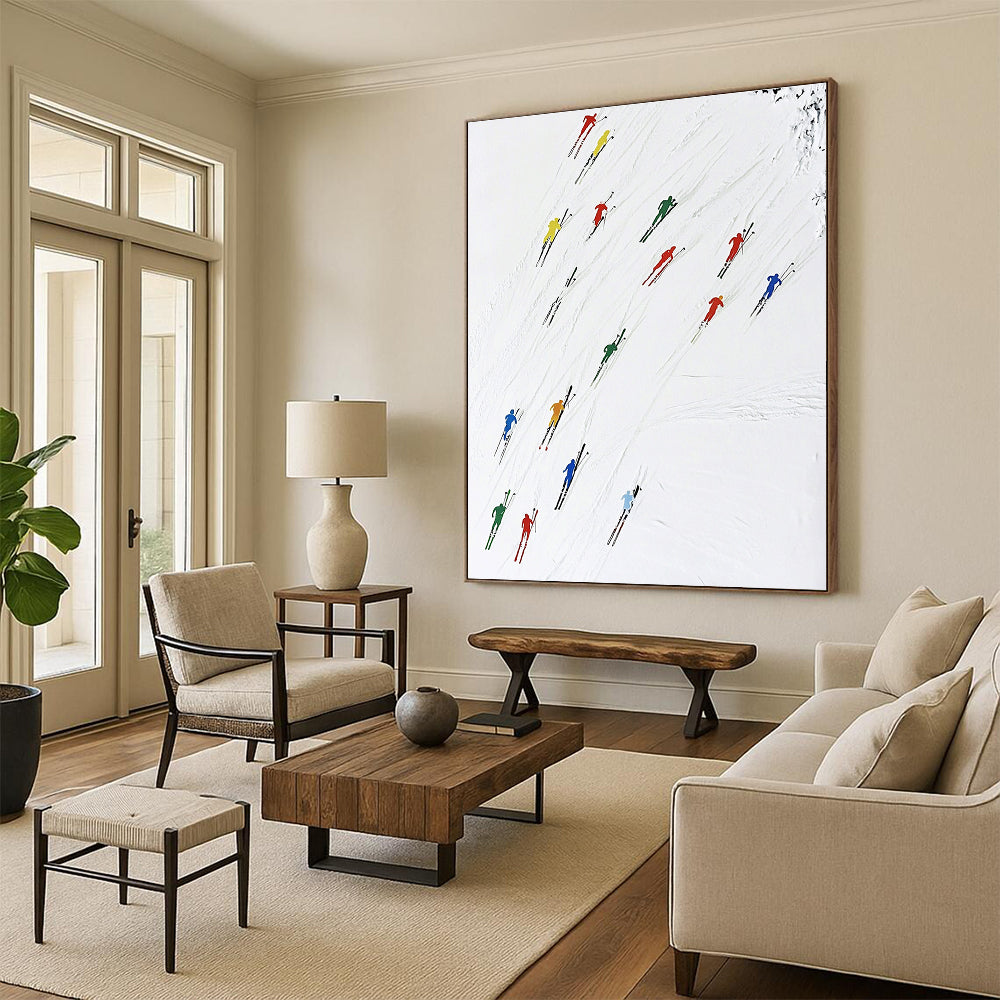 A large abstract painting featuring colorful skiers dynamically moving across the snow capturing speed and vitality in a minimalist style.STSC986
