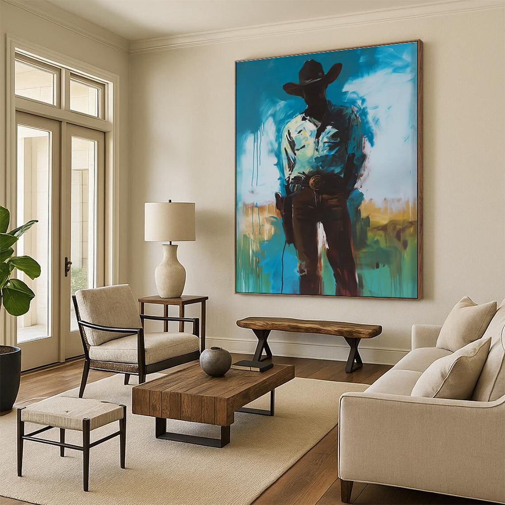 Silhouetted Cowboy in Blue Abstract Painting ADGE102