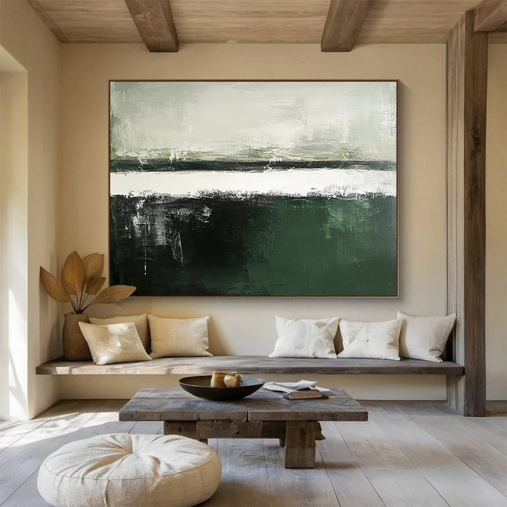 Large abstract painting in dark green and gray tones features a white sky and dark gray sea, showcasing subtle textures in a minimalistic composition.SC054