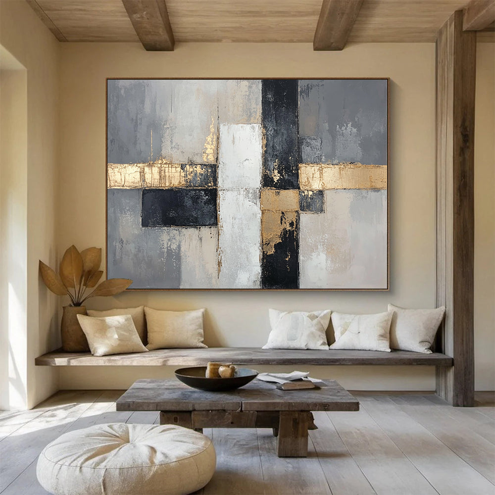 Large abstract painting in neutral tones featuring gray and beige with gold accents and geometric forms creating a sophisticated modern aesthetic.SC247