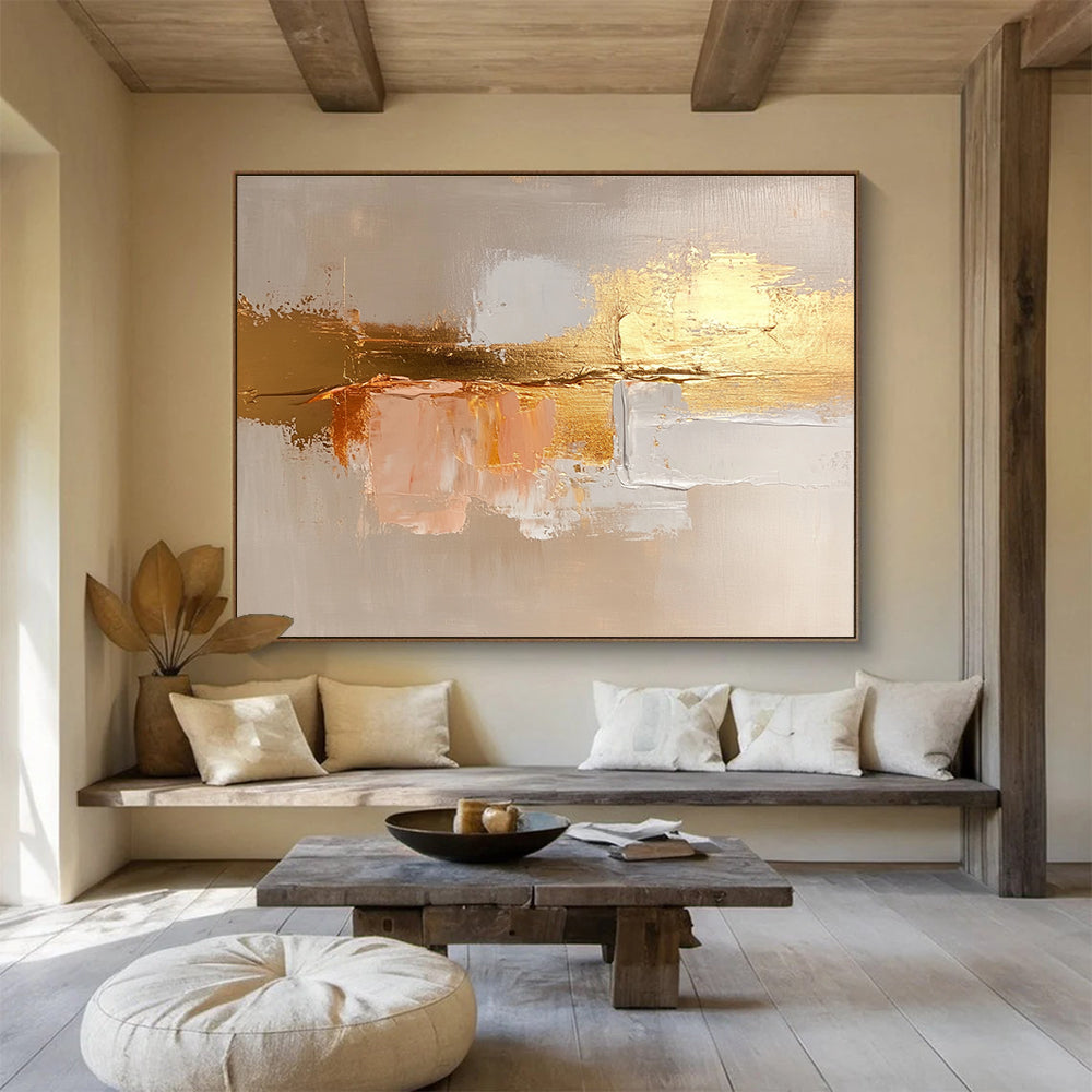 Large abstract painting in beige and gold, featuring soft brush strokes and textured canvas for a serene and elegant atmosphere.SC218