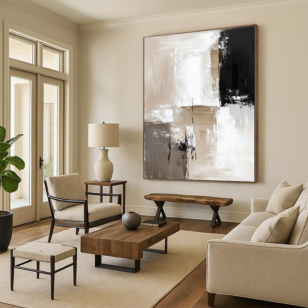 Large abstract painting featuring beige and white color blocks with thick brush strokes and black accents on a neutral background in minimalistic oil paint.STSC411