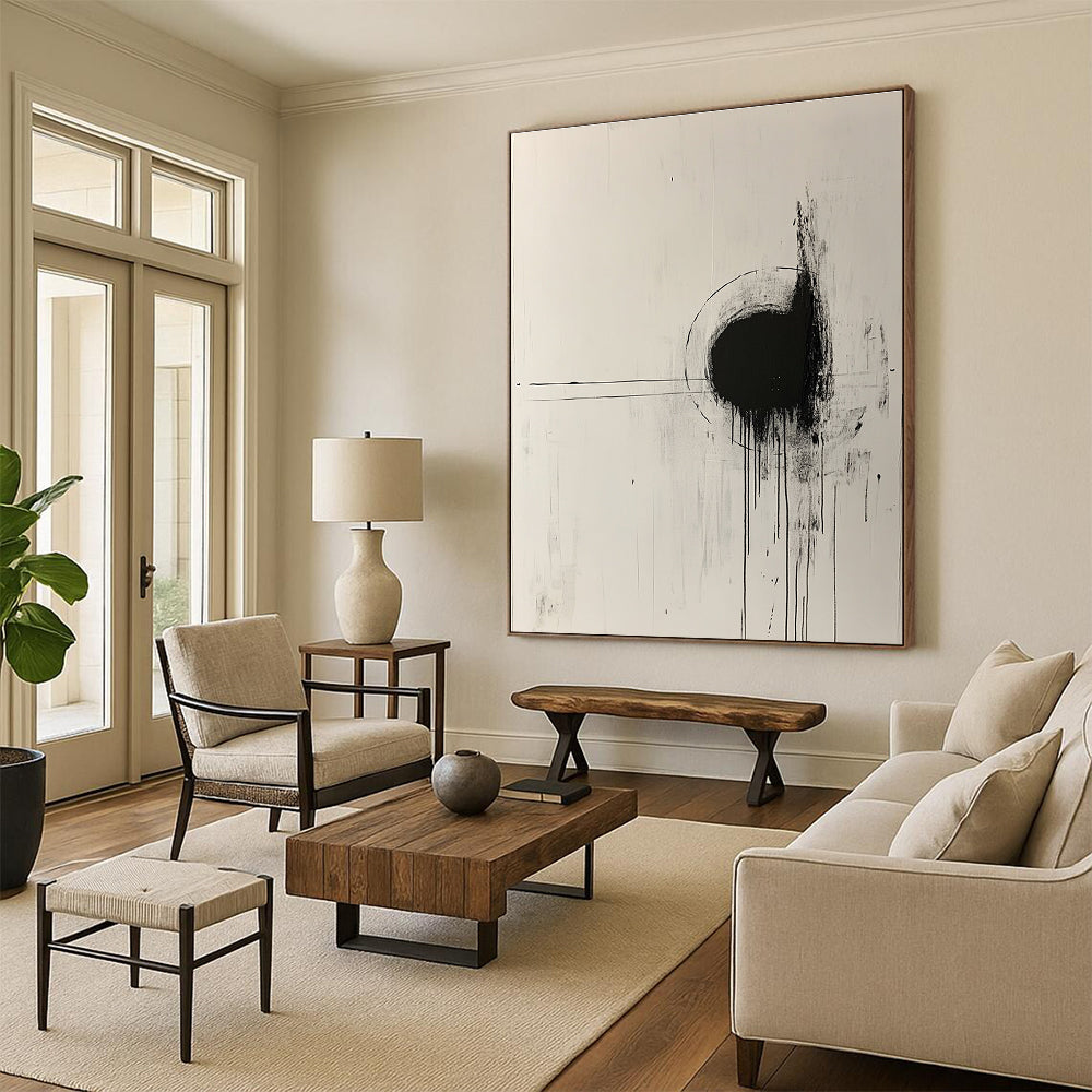Large abstract painting with white background black lines paint drips central circle and expressive brush strokes emphasizing negative space.STSC568