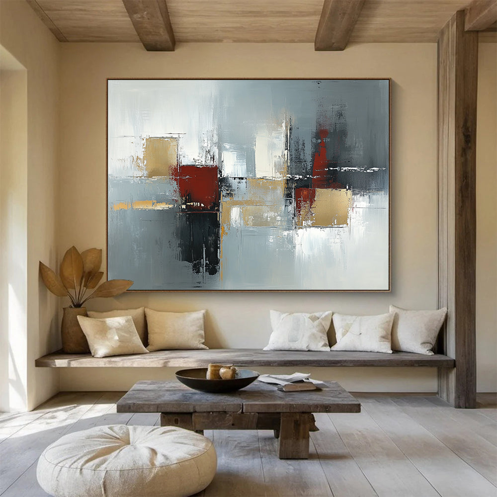 Large abstract painting in neutral tones and grays featuring urban-inspired shapes with depth and texture suitable for modern decor.SC244