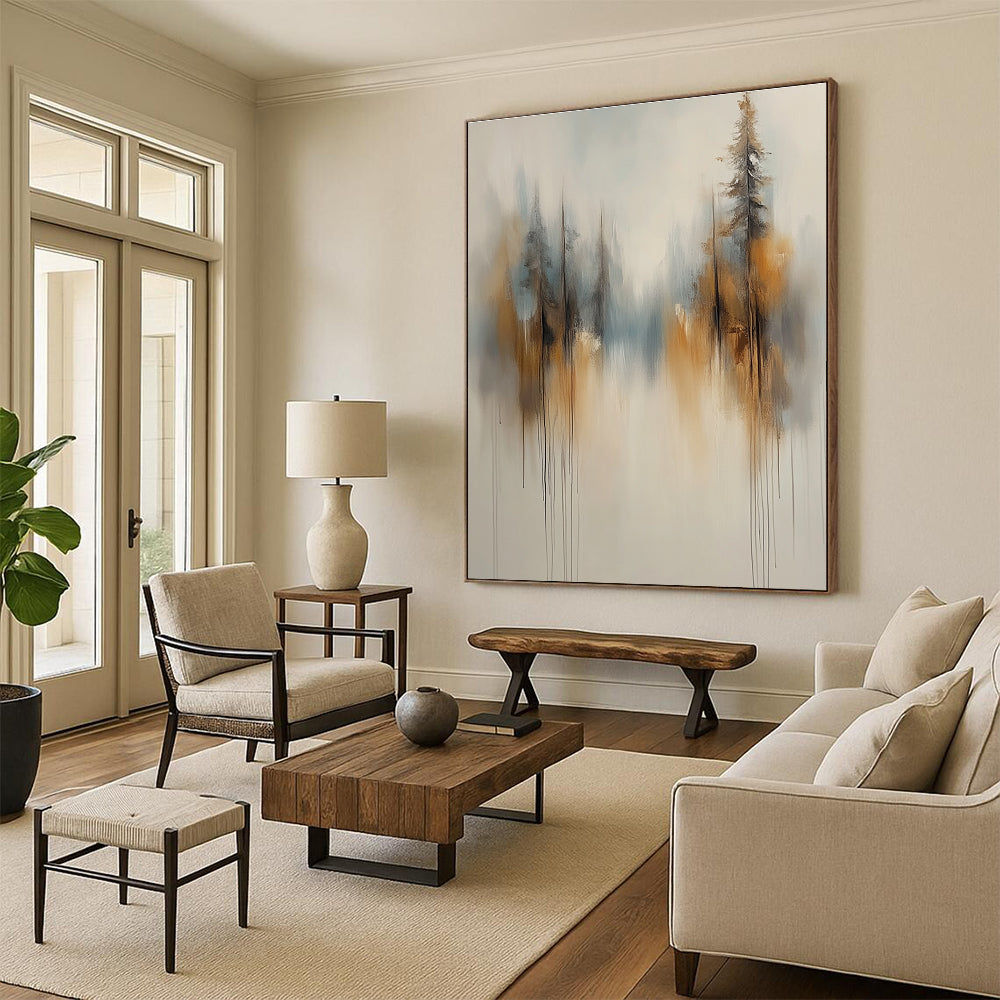 Large abstract painting of soft white and grey trees with brown and blue accents featuring a smoke-like background and blurred edges.STSC710