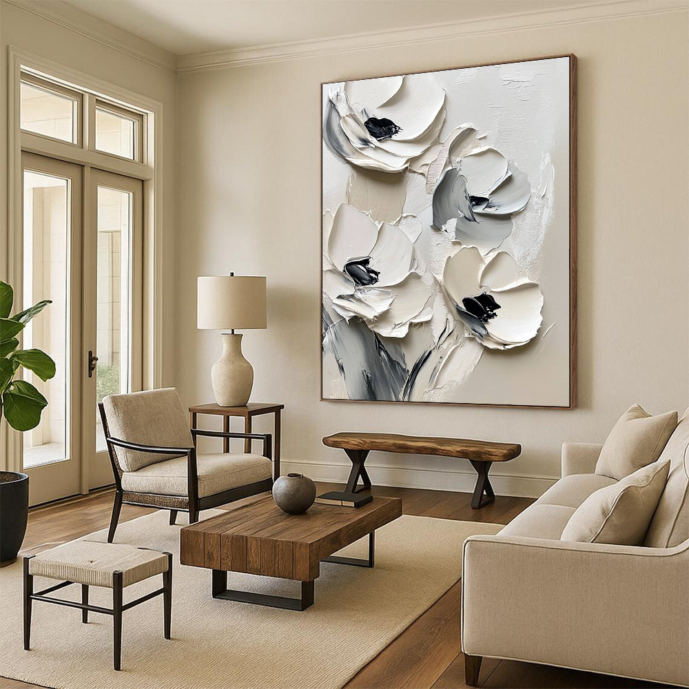 Large abstract painting featuring white flowers on a white background with black brush strokes and thick impasto paint in muted tones.STSC512