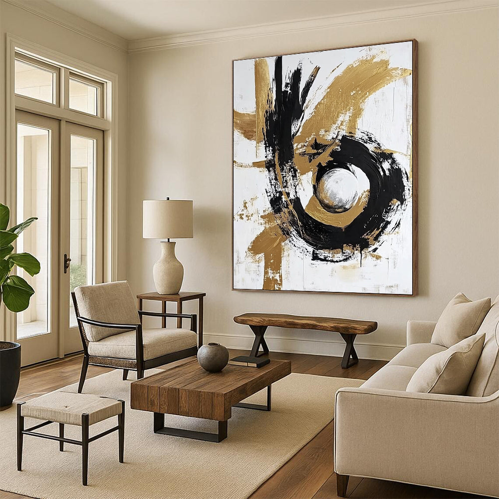 Gold and Black Abstract Painting with Circular Motifs GER655