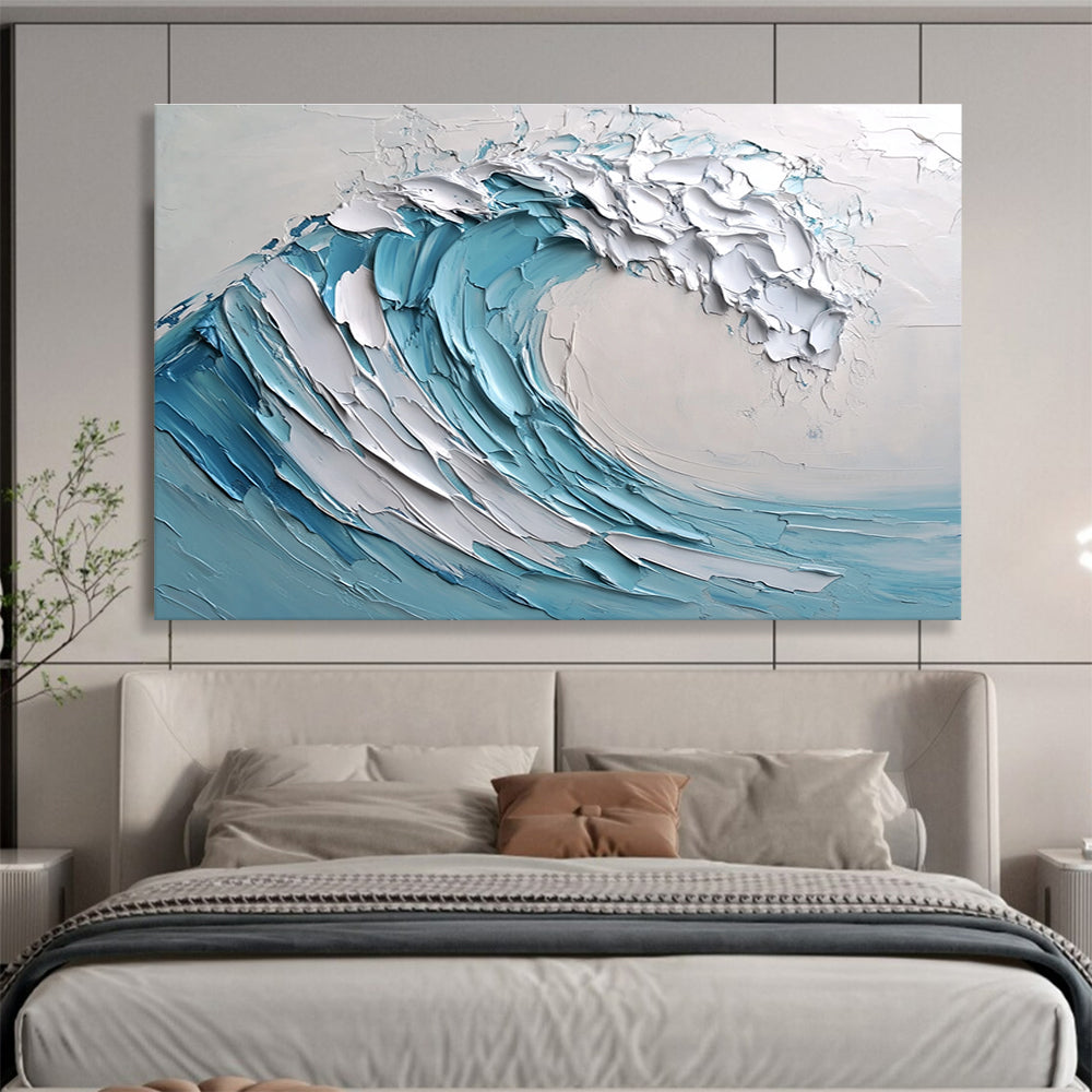 Large abstract painting of a wave featuring light blue and white colors with thick impasto texture. Perfect for modern decor.SC002