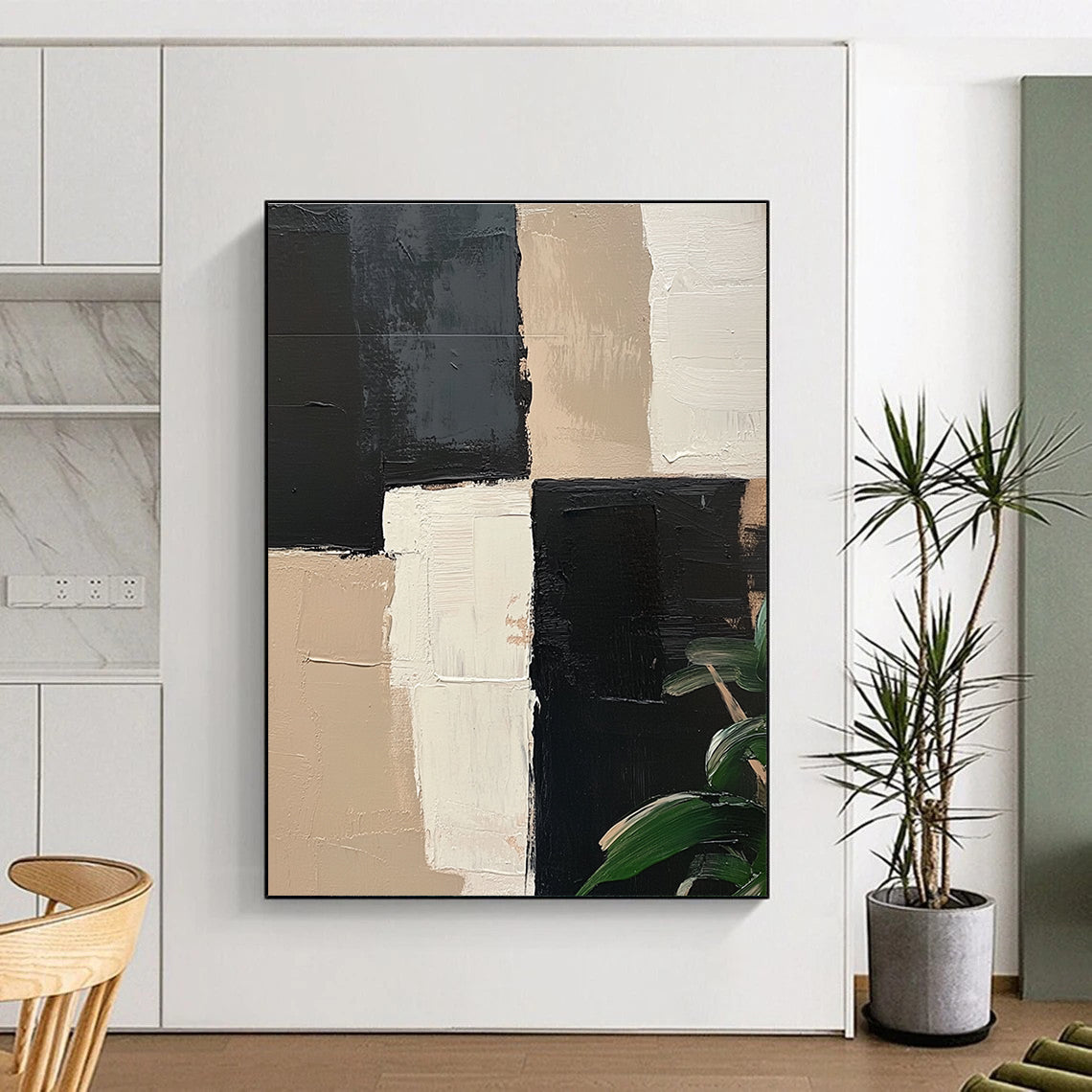 Black Beige and White Abstract Painting with Geometric Blocks GER052