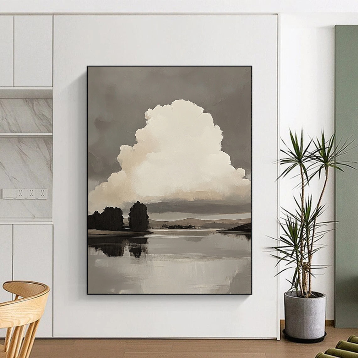 Large abstract oil painting of a white cloud over a lake with minimalist trees and hills in muted colors against a gray background.STSC868