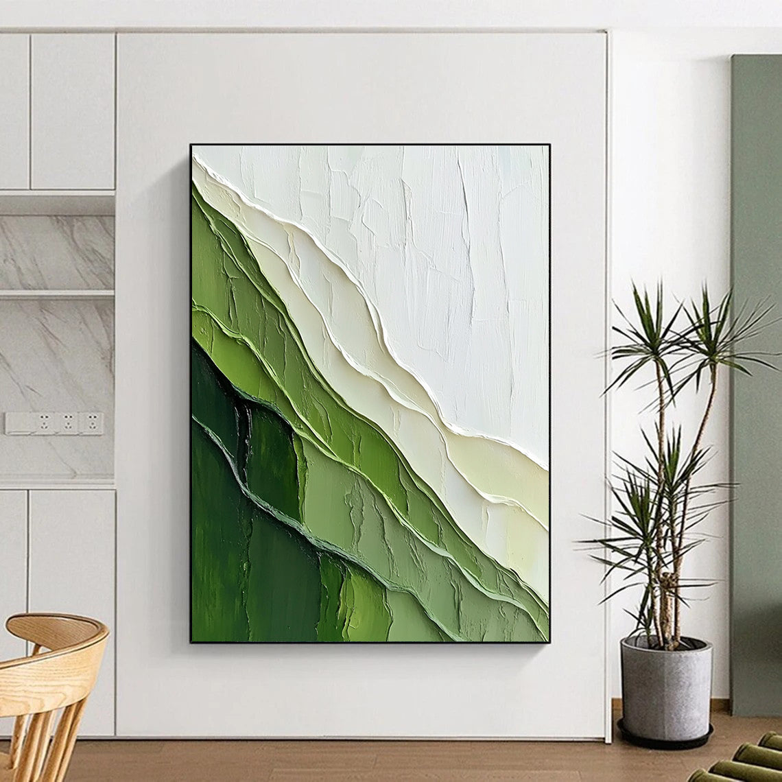 Large abstract painting featuring a textured green mountain against a pale yellow-green background with a sense of depth and layered contours.STSC1120