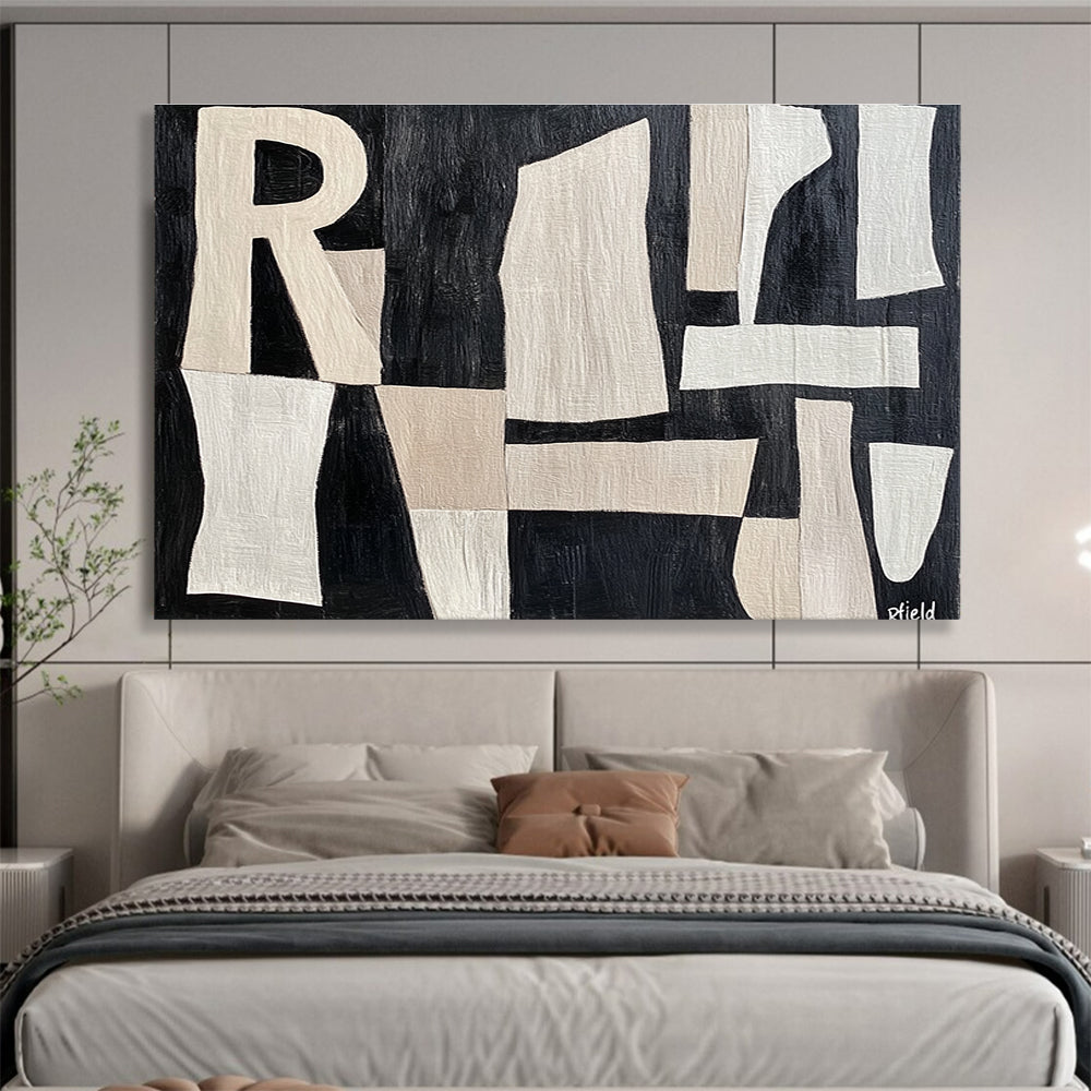 Large abstract painting featuring cut-paper style shapes with the word Rfield in a textured beige and white design on a dark grey background.SC427