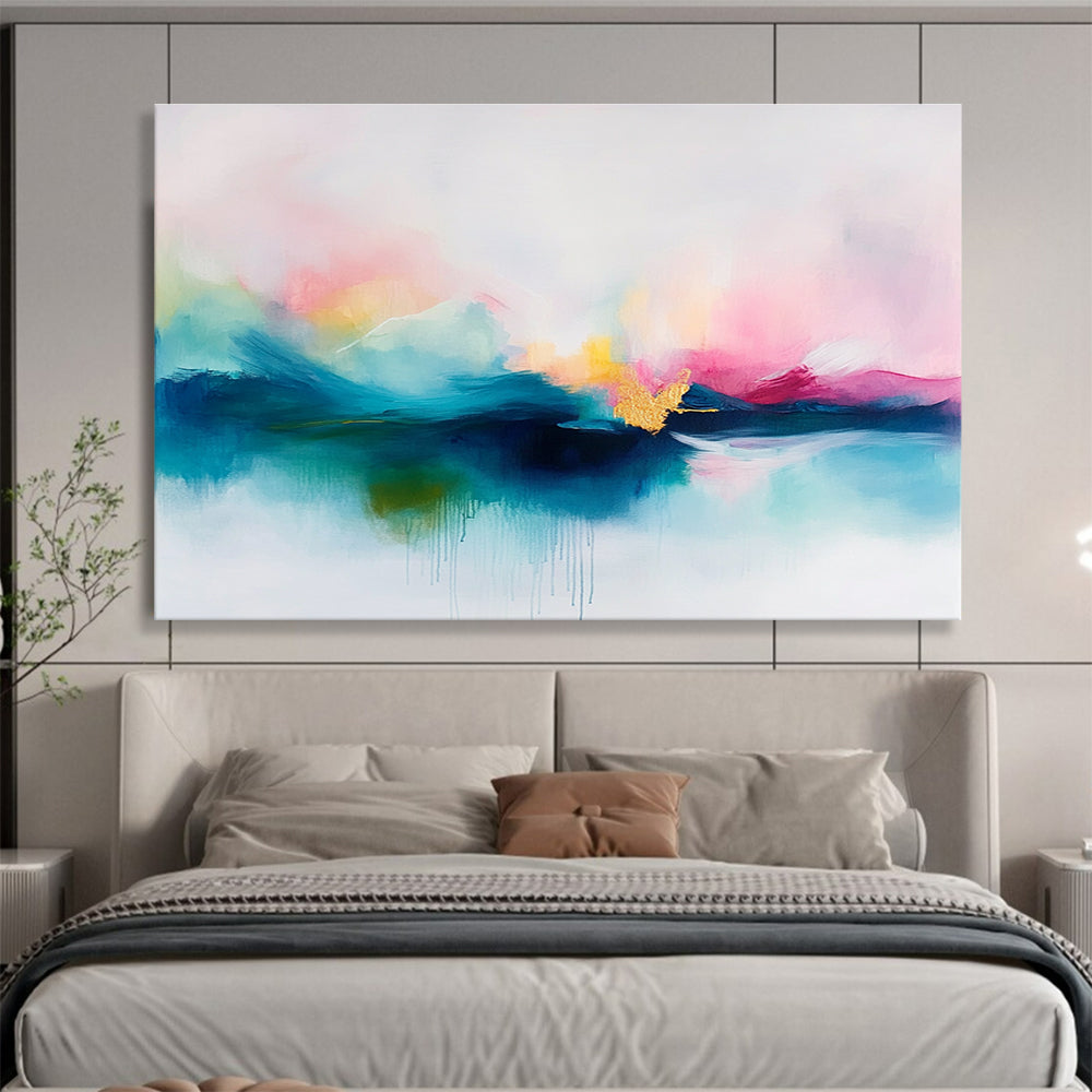 A large abstract painting featuring soft pastel colors in pinks and blues with delicate gold accents on a serene white background.SC383