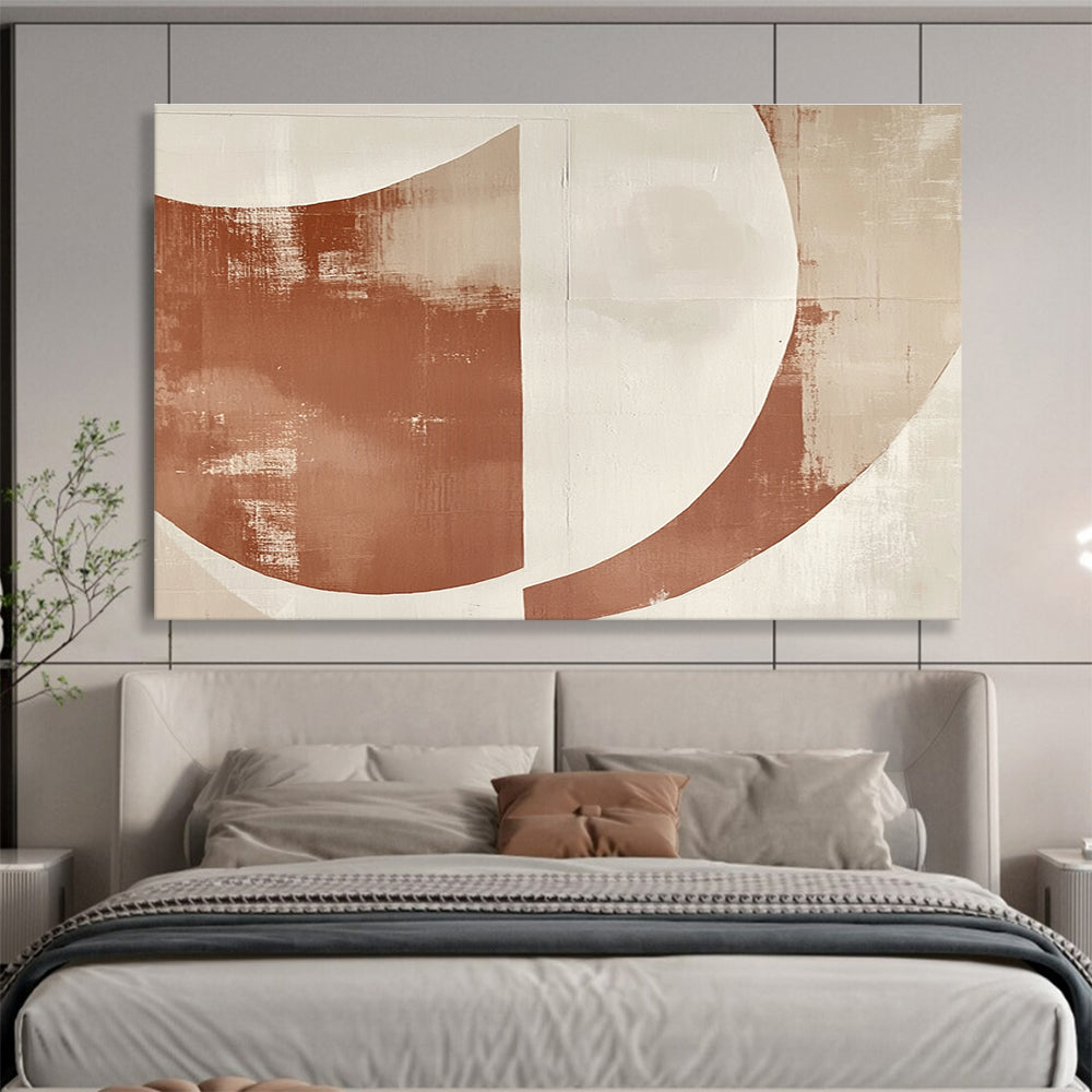 Large abstract painting with overlapping terracotta and cream half-circles on textured paper, modern simplicity with space for text.SC441