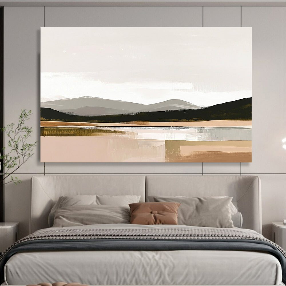 Large abstract painting in muted colors and neutral tones with thick brush strokes inspired by the Scottish Highlands on a beige background.SC081