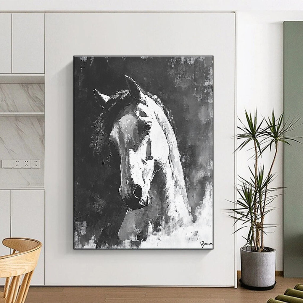 Large abstract painting of a horse in black and white featuring bold brush strokes and dramatic shadows on a textured canvas.STSC290