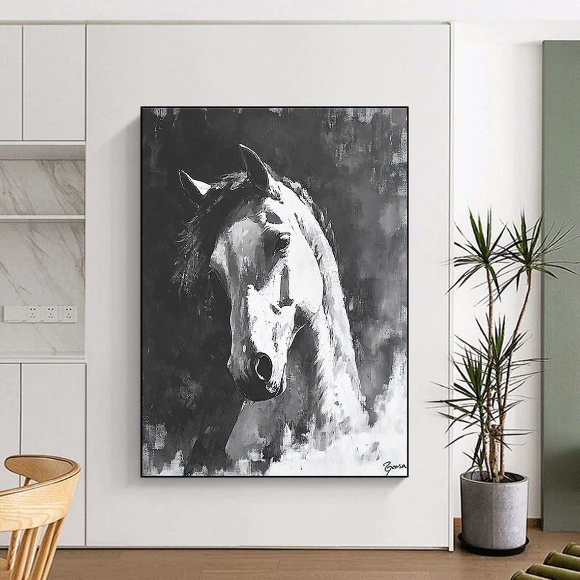 Large abstract painting of a horse in black and white featuring bold brush strokes and dramatic shadows on a textured canvas.STSC290