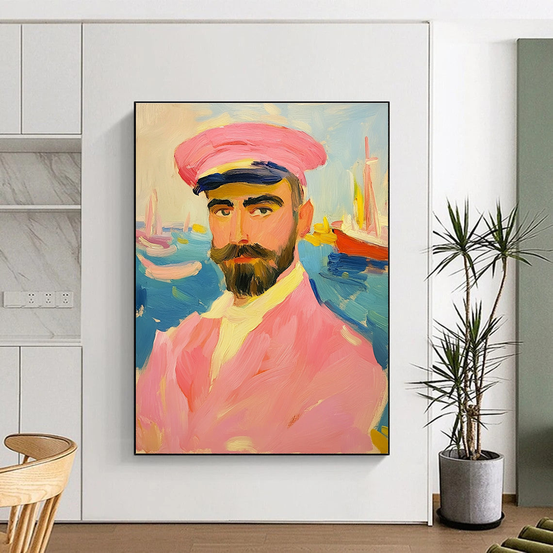 Abstract painting of an artistic man in a pink sailor suit with a mustache and beard against a vibrant sea backdrop featuring boats.STSC1161