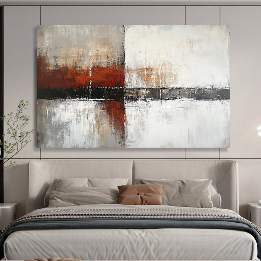 Large abstract painting with a calming color palette of white gray and soft tones featuring dark red orange brushstrokes and textured layers.SC592