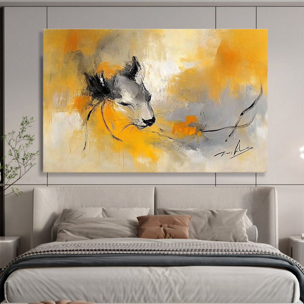 A large abstract painting featuring an animal in shades of yellow and gray, blending the styles of Zao Wou-Ki and Pablo Picasso.SC335