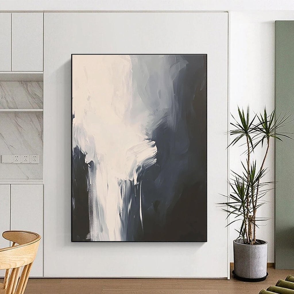 Large abstract painting in white and gray featuring atmospheric brushstrokes and a cloud pattern on a black background with a minimalist style.STSC236