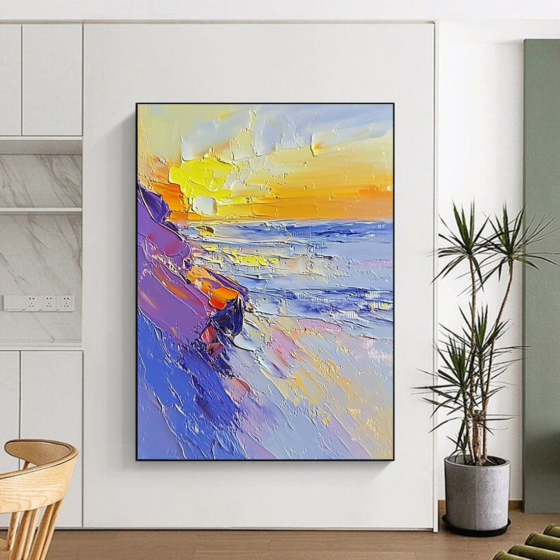 Large abstract painting featuring a sunset on the beach using a palette knife with white and pastel colors in broad strokes.STSC202