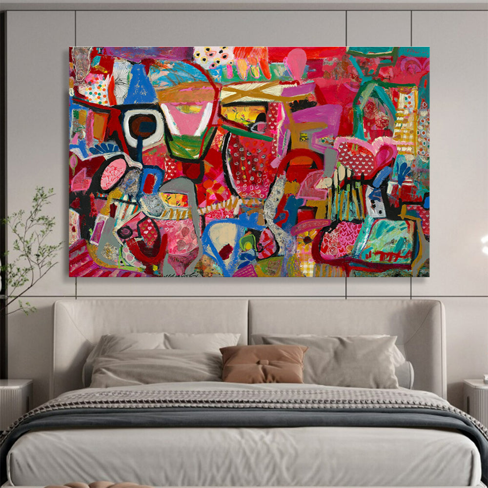 Playful Abstract Painting with Pink, Red, and Colorful Patterns THY239
