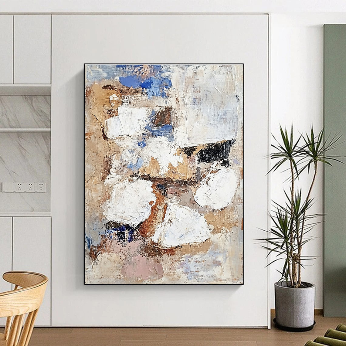 Beige Blue White Abstract Painting with Patchwork Design GER763