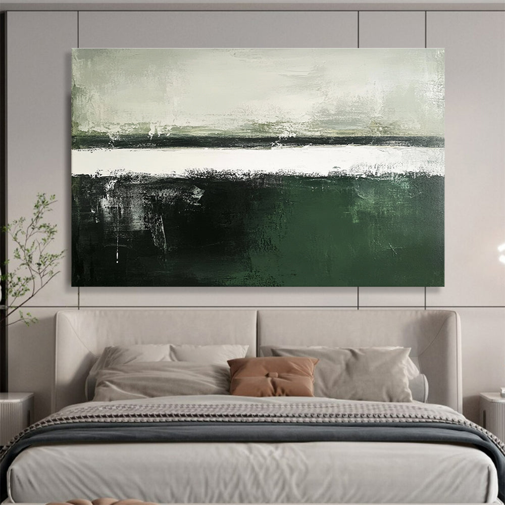 Large abstract painting in dark green and gray tones features a white sky and dark gray sea, showcasing subtle textures in a minimalistic composition.SC054